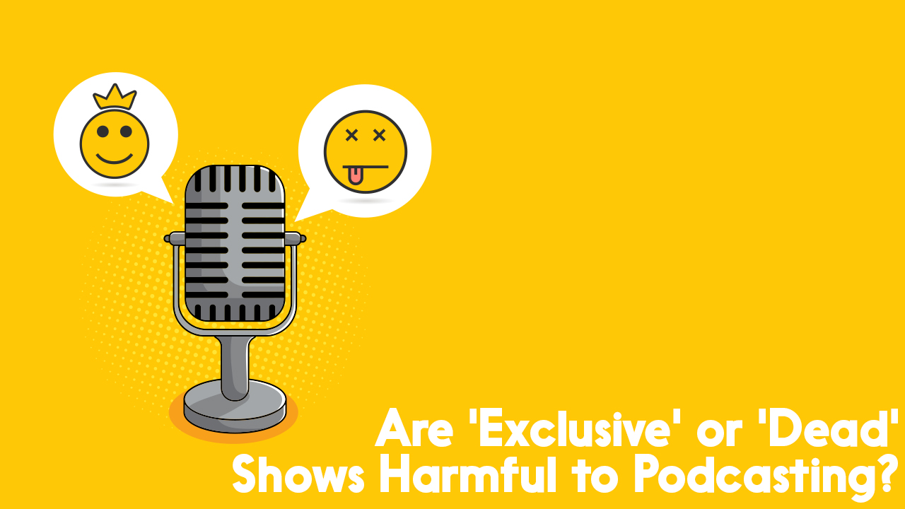 an emoji happy face with a crown symbolizing exclusivity and an emoji face with x eyes and the tongue sticking out symbolizing dead-ness, flanking a microphone