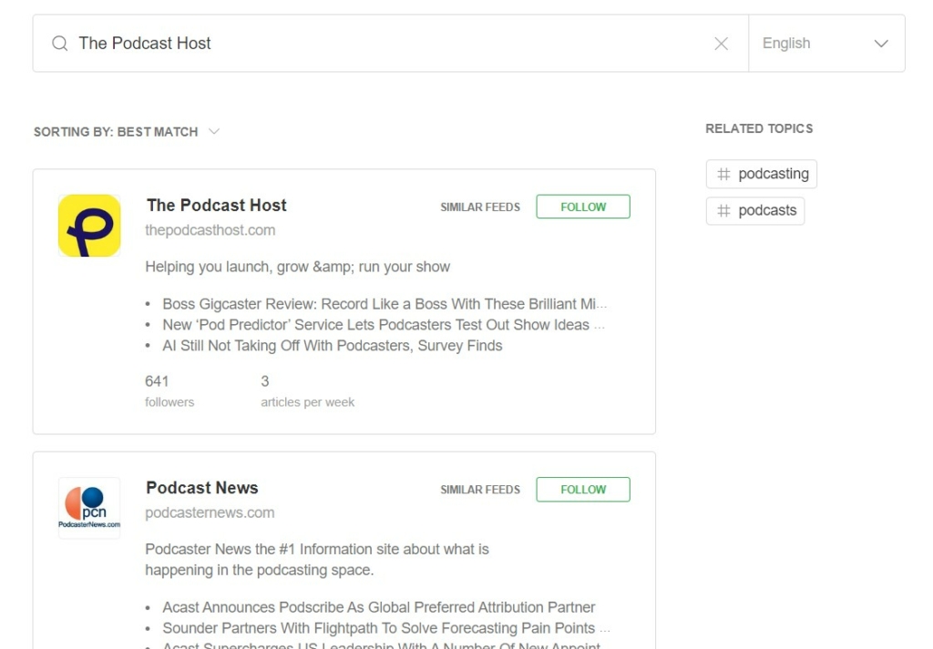 Following websites on Feedly