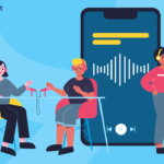 3 podcast listeners gathered around headphones with a smartphone in the background with audiogram