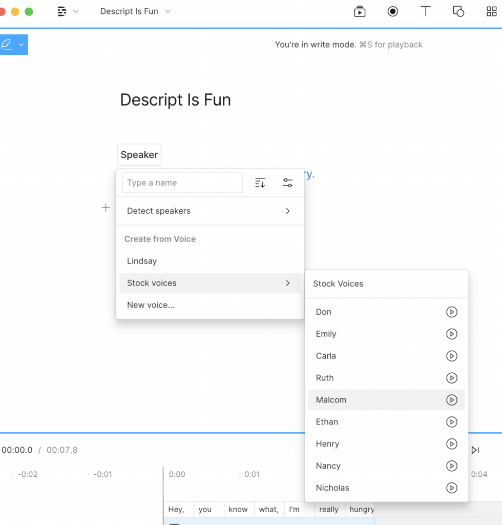 Descript's Overdub feature has nine different voices, some of them with different moods.