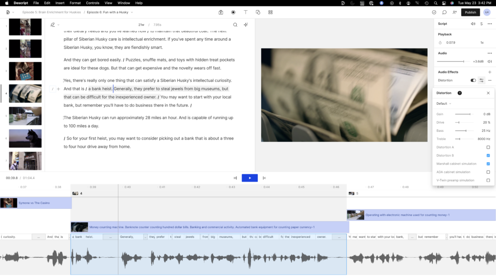 In Descript, If you can select the edge between the script pane and the waveform and audio timeline, click it, grab it, and pull up, then you can see all the layers in your composition. You can then select the layers, and go to the pane on the right to select audio effects or whichever properties you want to change.