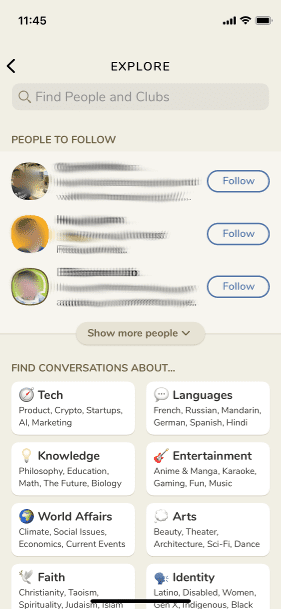 Clubhouse Explore screen