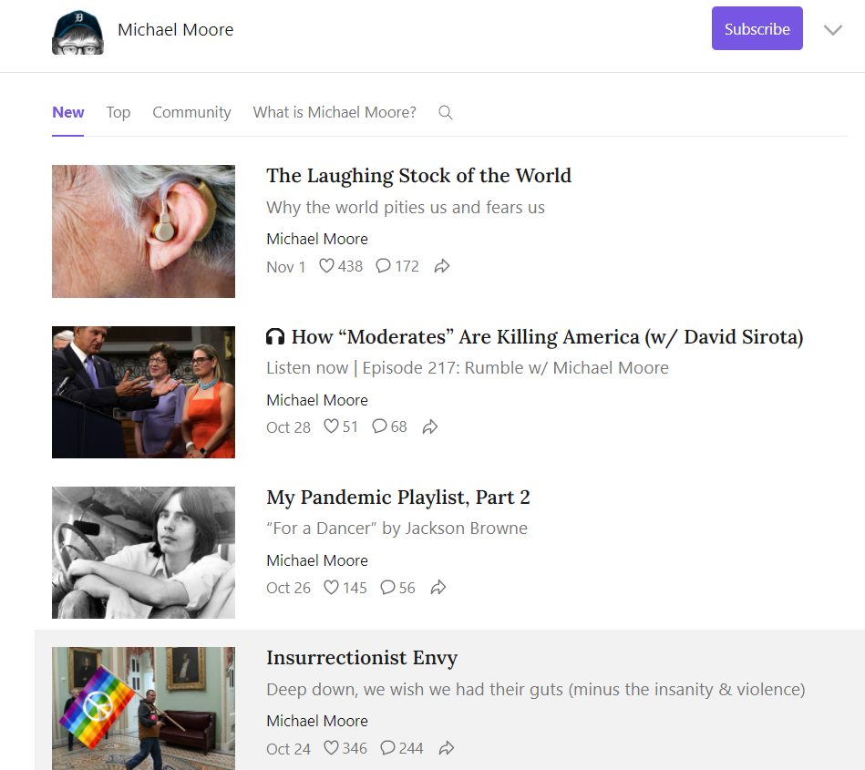 Michael Moore's podcast newsletter page on Substack.