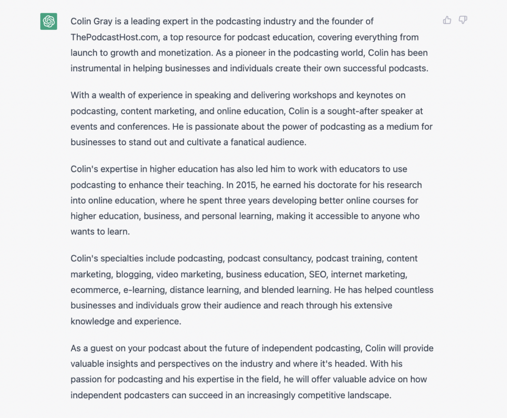 ChatGPT prompt result for podcast summary