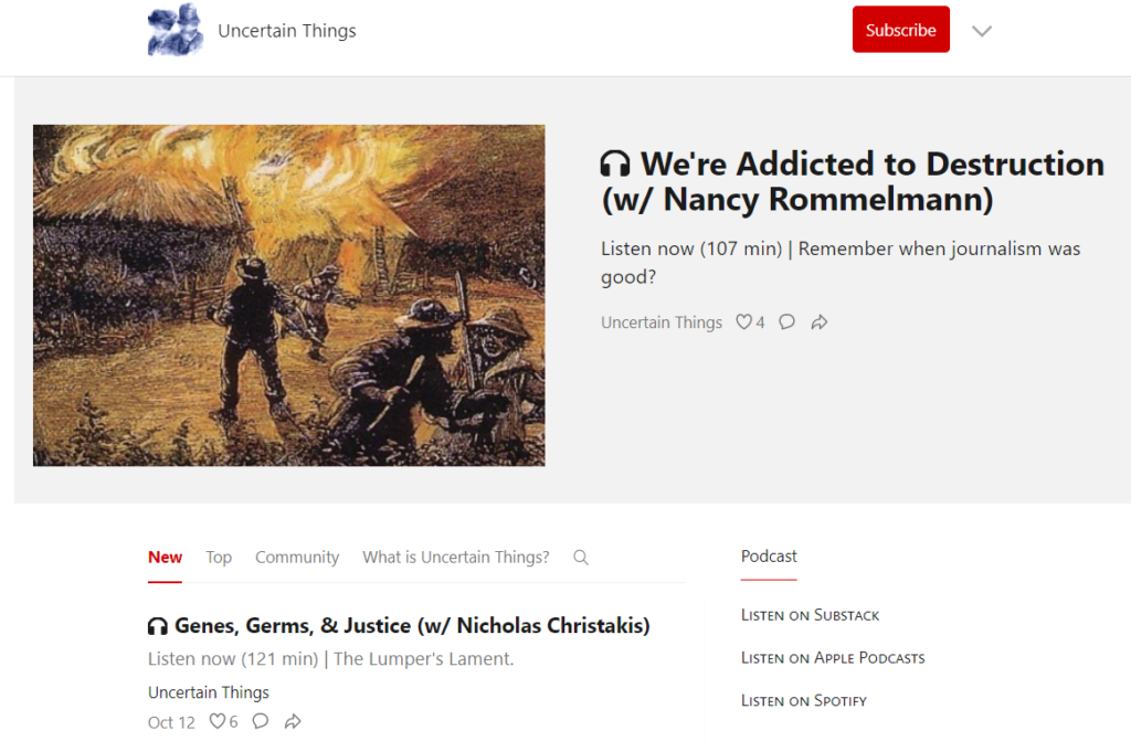 Uncertain Things Substack newsletter/podcast layout